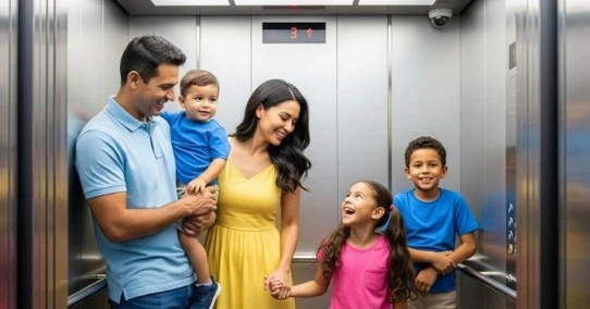 Familia viajando en elevador